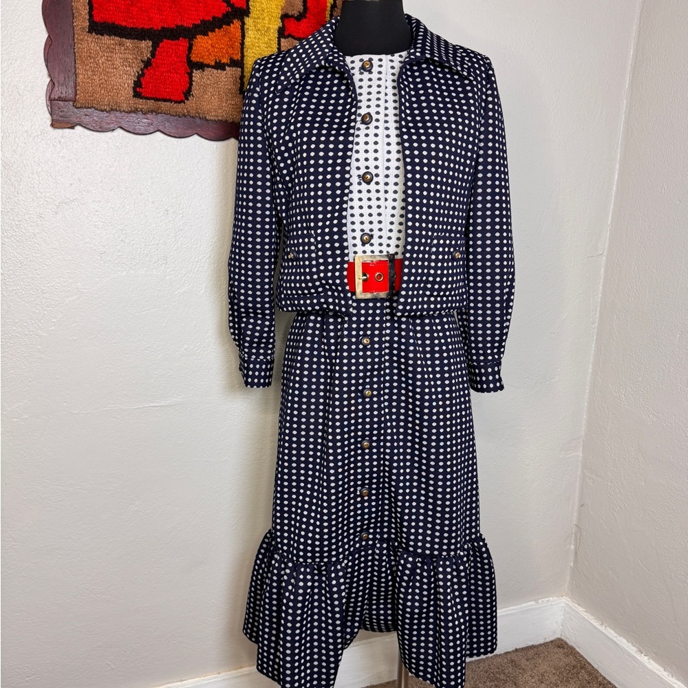 1970s Handmade Polka Dot 2PC Dress Set Matching Jacket